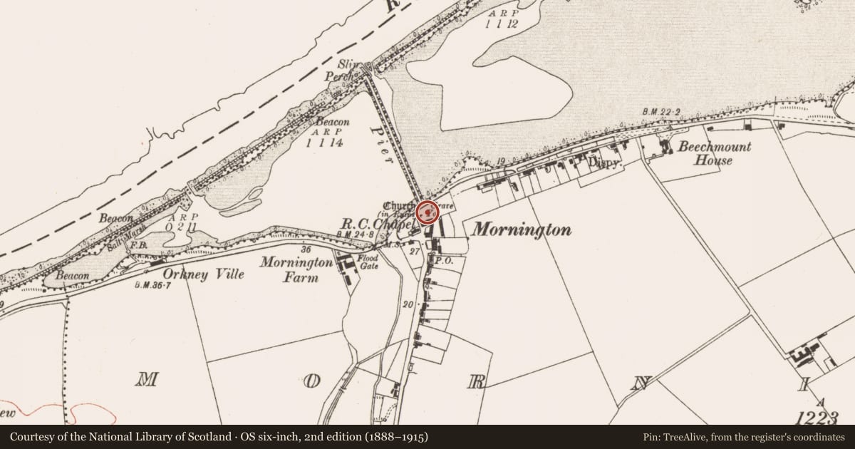 Ordnance Survey six-inch map, 2nd edition (1888–1915) covering the location of Tomb - chest tomb, Mornington, County Meath, with a pin at the register's coordinates