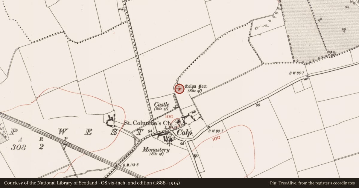 Ordnance Survey six-inch map, 2nd edition (1888–1915) covering the location of Ringfort - rath, Colp East, County Meath, with a pin at the register's coordinates