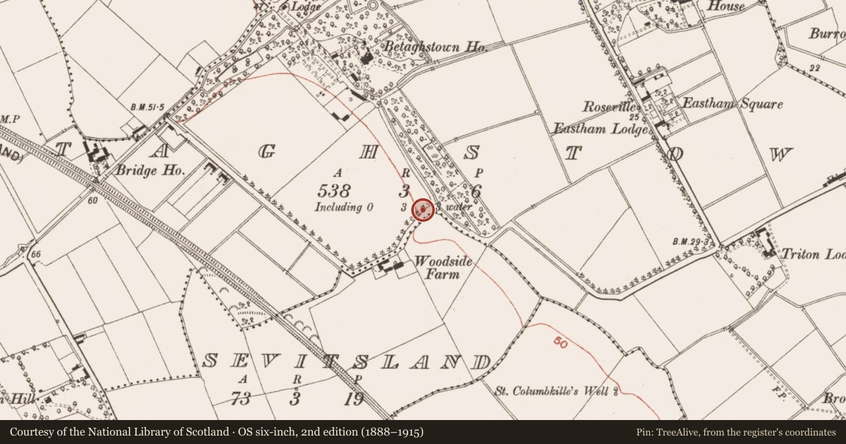 Ordnance Survey six-inch map, 2nd edition (1888–1915) covering the location of Burial, Betaghstown, County Meath, with a pin at the register's coordinates