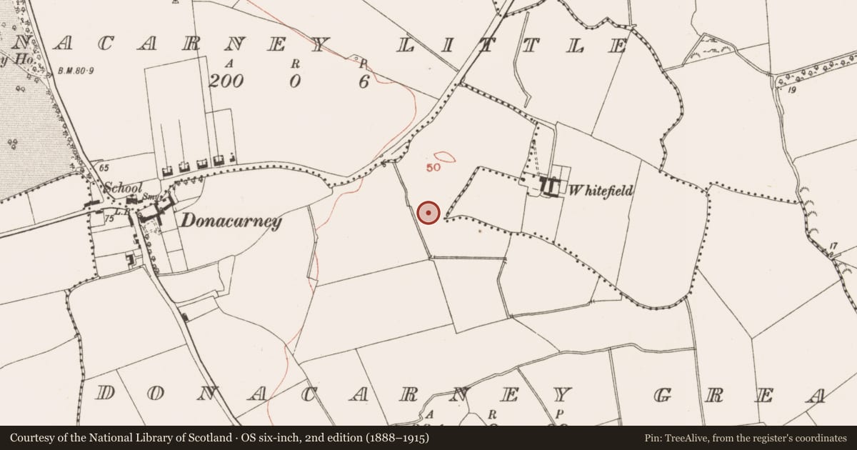 Ordnance Survey six-inch map, 2nd edition (1888–1915) covering the location of Enclosure, Donacarney Great, County Meath, with a pin at the register's coordinates