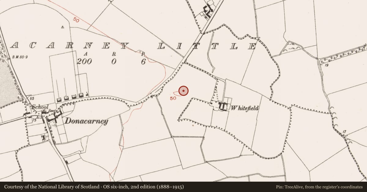 Ordnance Survey six-inch map, 2nd edition (1888–1915) covering the location of Field system, Donacarney Great, County Meath, with a pin at the register's coordinates