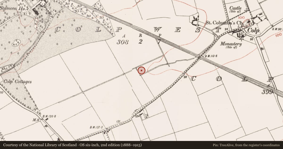 Ordnance Survey six-inch map, 2nd edition (1888–1915) covering the location of Fulacht fia, Colp West, County Meath, with a pin at the register's coordinates