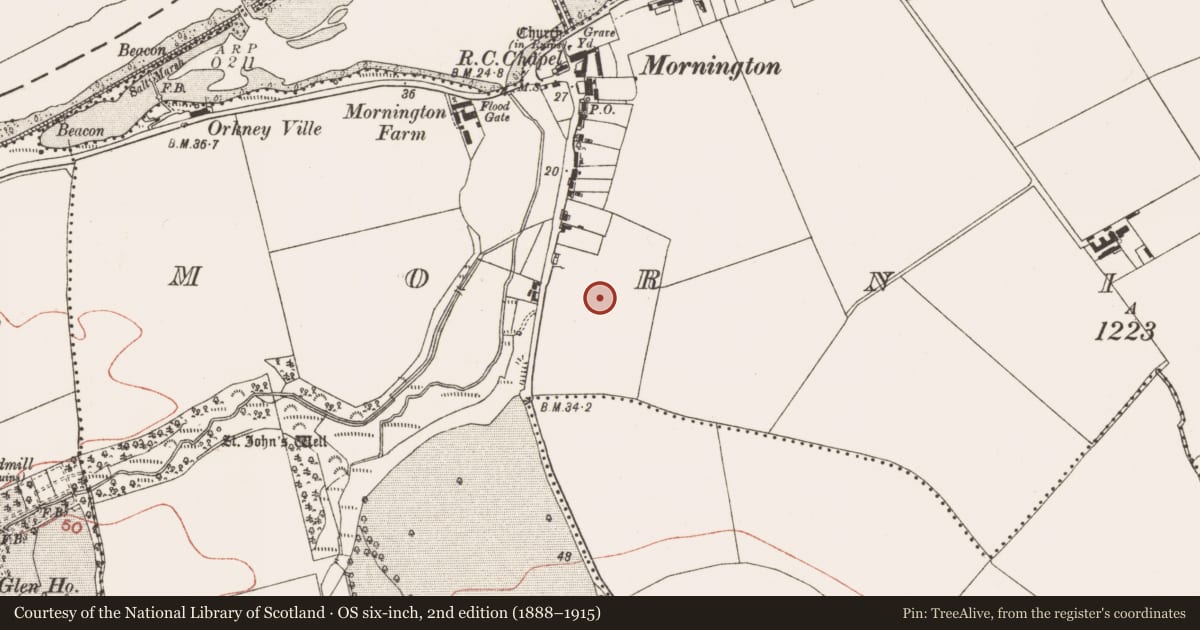 Ordnance Survey six-inch map, 2nd edition (1888–1915) covering the location of Enclosure, Mornington, County Meath, with a pin at the register's coordinates