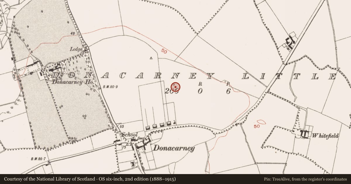 Ordnance Survey six-inch map, 2nd edition (1888–1915) covering the location of Enclosure, Donacarney Little, County Meath, with a pin at the register's coordinates