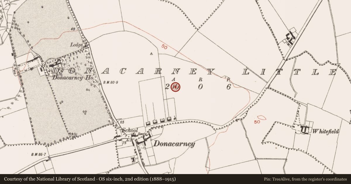 Ordnance Survey six-inch map, 2nd edition (1888–1915) covering the location of Enclosure, Donacarney Little, County Meath, with a pin at the register's coordinates