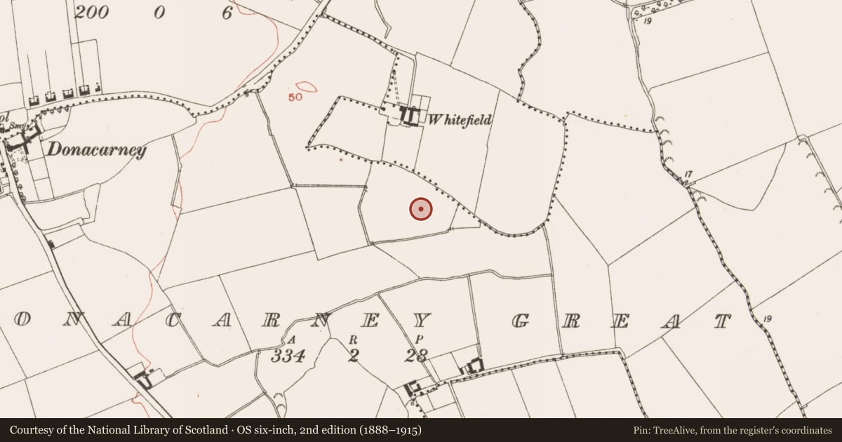 Ordnance Survey six-inch map, 2nd edition (1888–1915) covering the location of Enclosure, Donacarney Great, County Meath, with a pin at the register's coordinates