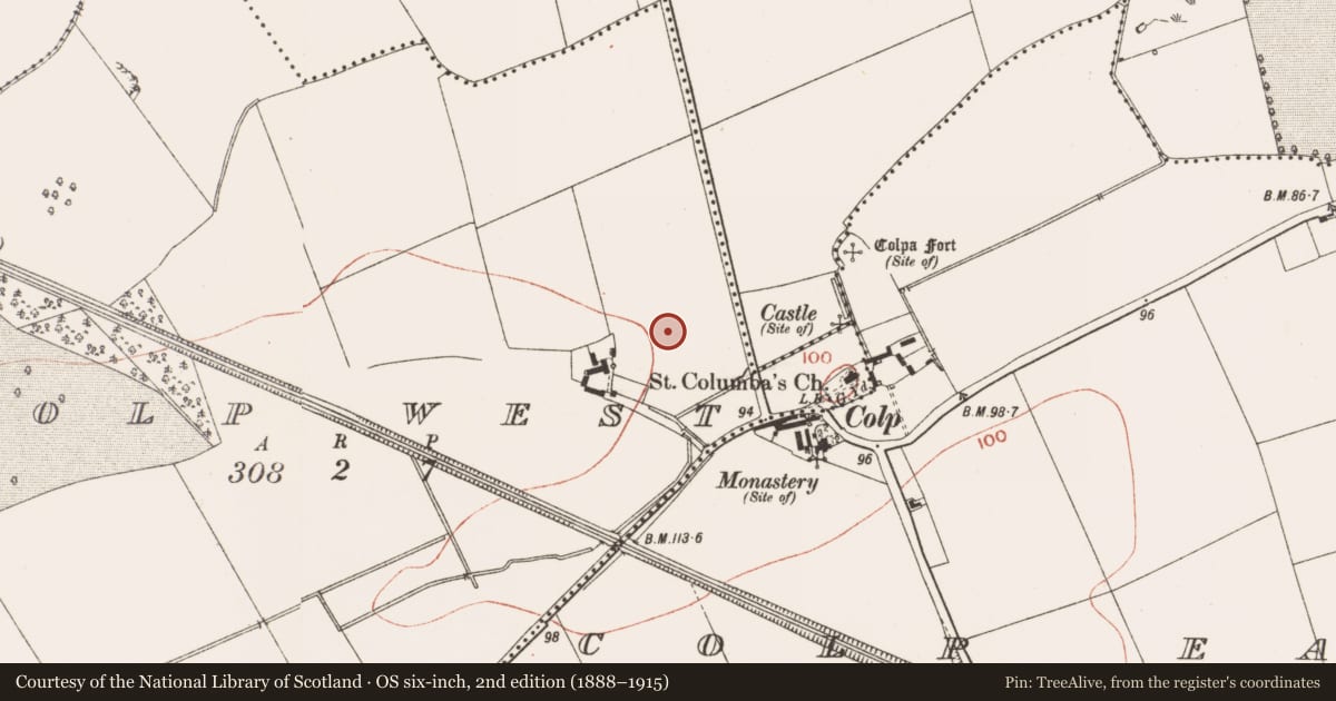Ordnance Survey six-inch map, 2nd edition (1888–1915) covering the location of Ring-ditch, Colp West, County Meath, with a pin at the register's coordinates