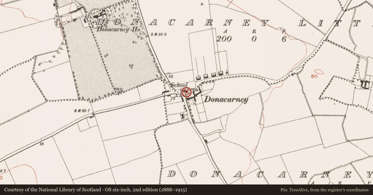 Ordnance Survey six-inch map, 2nd edition (1888–1915) covering the location of Building, Donacarney Little, County Meath, with a pin at the register's coordinates