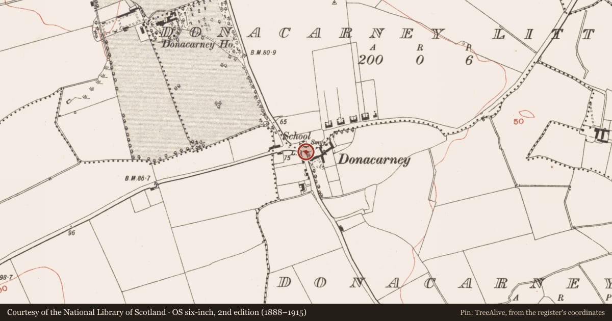 Ordnance Survey six-inch map, 2nd edition (1888–1915) covering the location of Burial, Donacarney Great, Donacarney Little, County Meath, with a pin at the register's coordinates