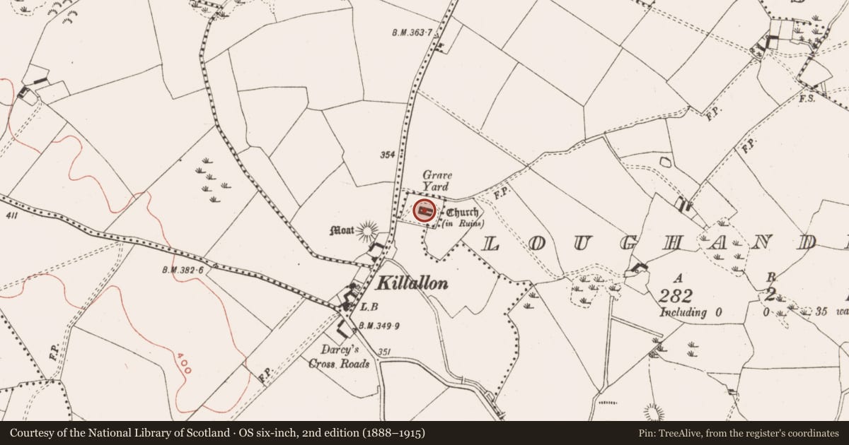 Ordnance Survey six-inch map, 2nd edition (1888–1915) covering the location of Church, Boherard, County Meath, with a pin at the register's coordinates