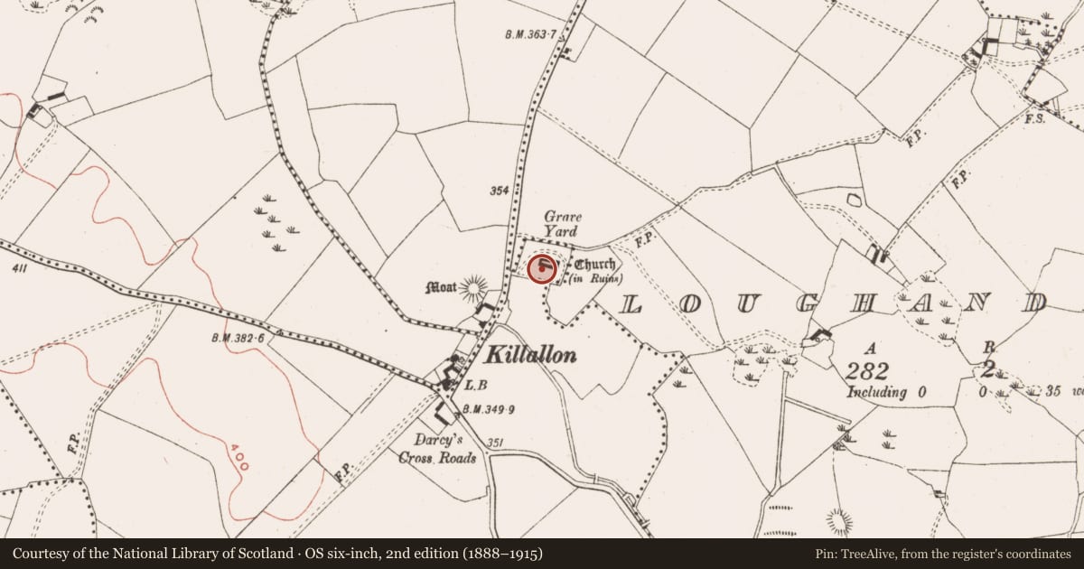Ordnance Survey six-inch map, 2nd edition (1888–1915) covering the location of Graveyard, Boherard, Loughanderg, County Meath, with a pin at the register's coordinates