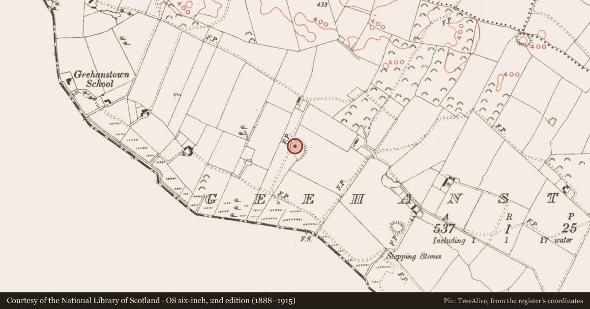 Ordnance Survey six-inch map, 2nd edition (1888–1915) covering the location of Earthwork, Geehanstown, County Meath, with a pin at the register's coordinates