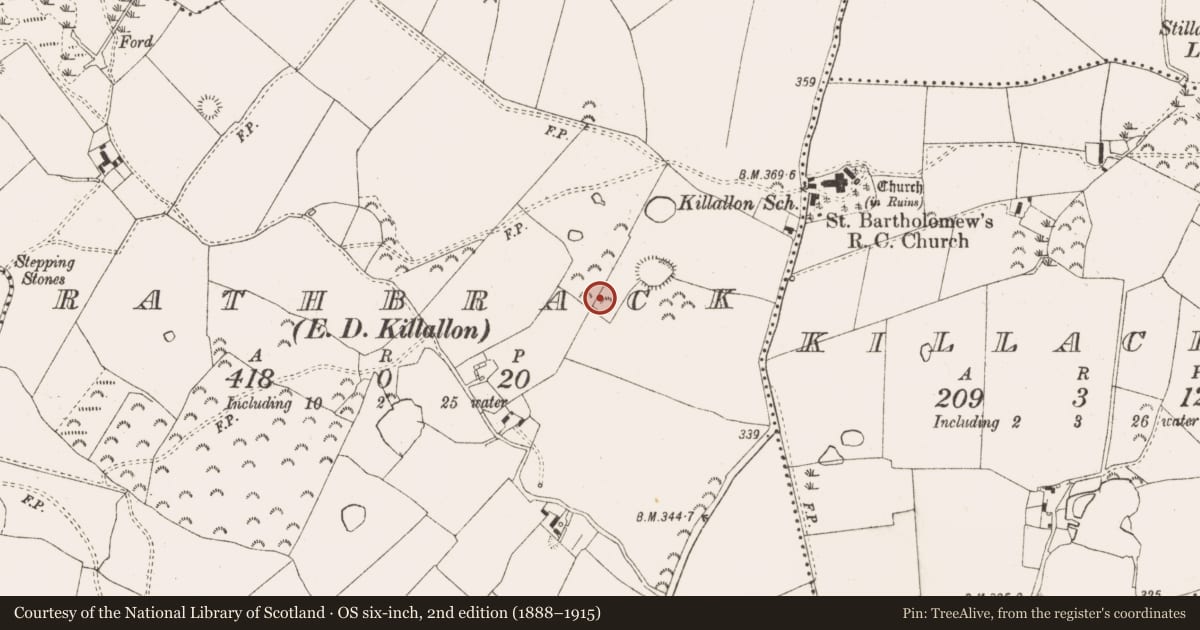 Ordnance Survey six-inch map, 2nd edition (1888–1915) covering the location of Ringfort - rath, Rathbrack (Fore By., Killallon Par.), County Meath, with a pin at the register's coordinates