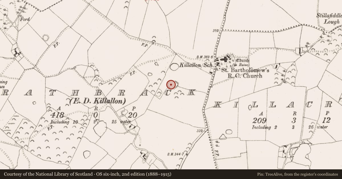 Ordnance Survey six-inch map, 2nd edition (1888–1915) covering the location of Ringfort - rath, Rathbrack (Fore By., Killallon Par.), County Meath, with a pin at the register's coordinates