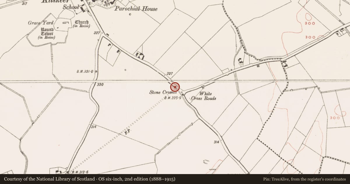 Ordnance Survey six-inch map, 2nd edition (1888–1915) covering the location of Cross - Wayside cross, Kilskeer, County Meath, with a pin at the register's coordinates
