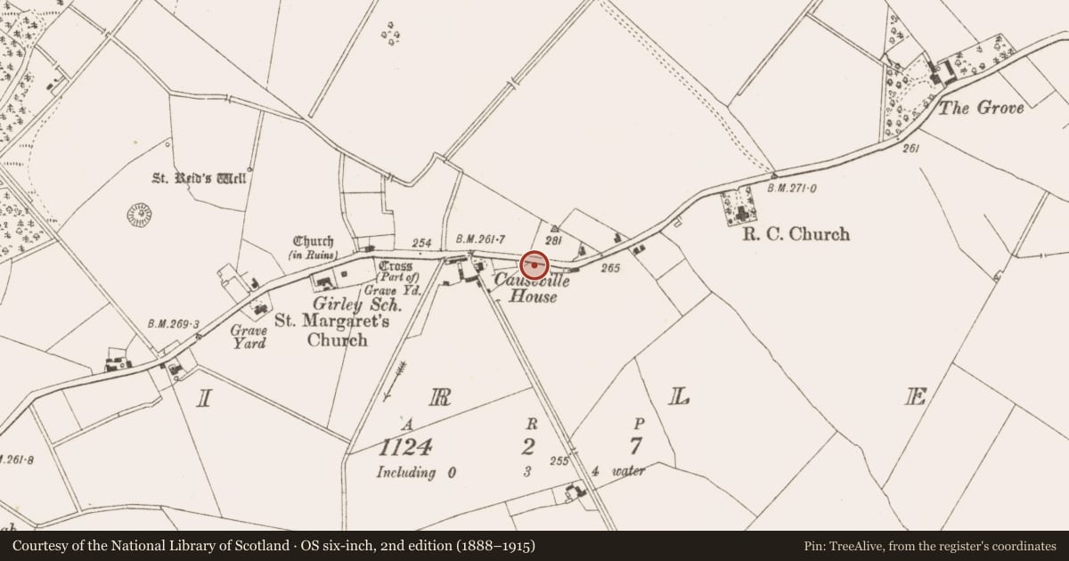 Ordnance Survey six-inch map, 2nd edition (1888–1915) covering the location of Mound, Girley, County Meath, with a pin at the register's coordinates