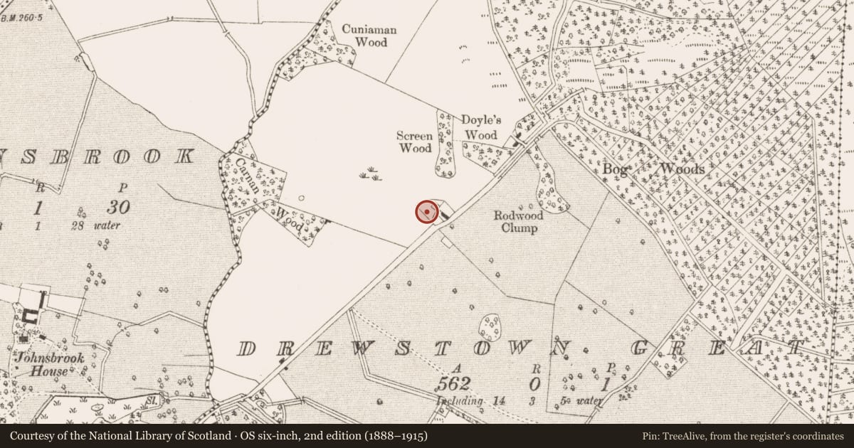 Ordnance Survey six-inch map, 2nd edition (1888–1915) covering the location of Megalithic tomb - unclassified, Drewstown Great, County Meath, with a pin at the register's coordinates