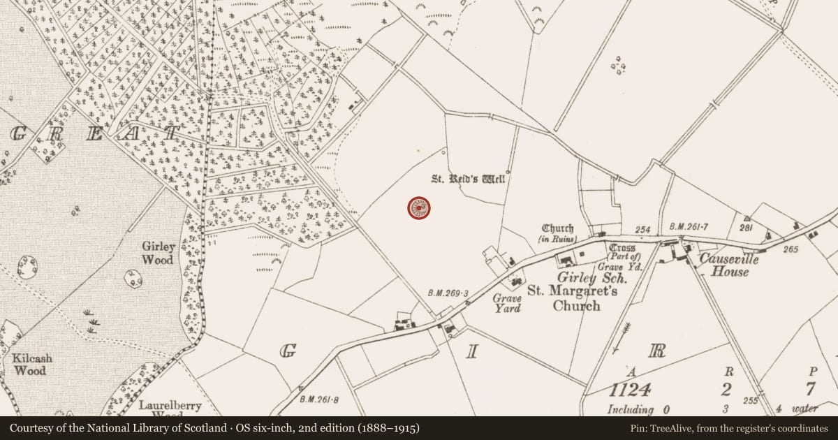 Ordnance Survey six-inch map, 2nd edition (1888–1915) covering the location of Castle - motte, Girley, County Meath, with a pin at the register's coordinates