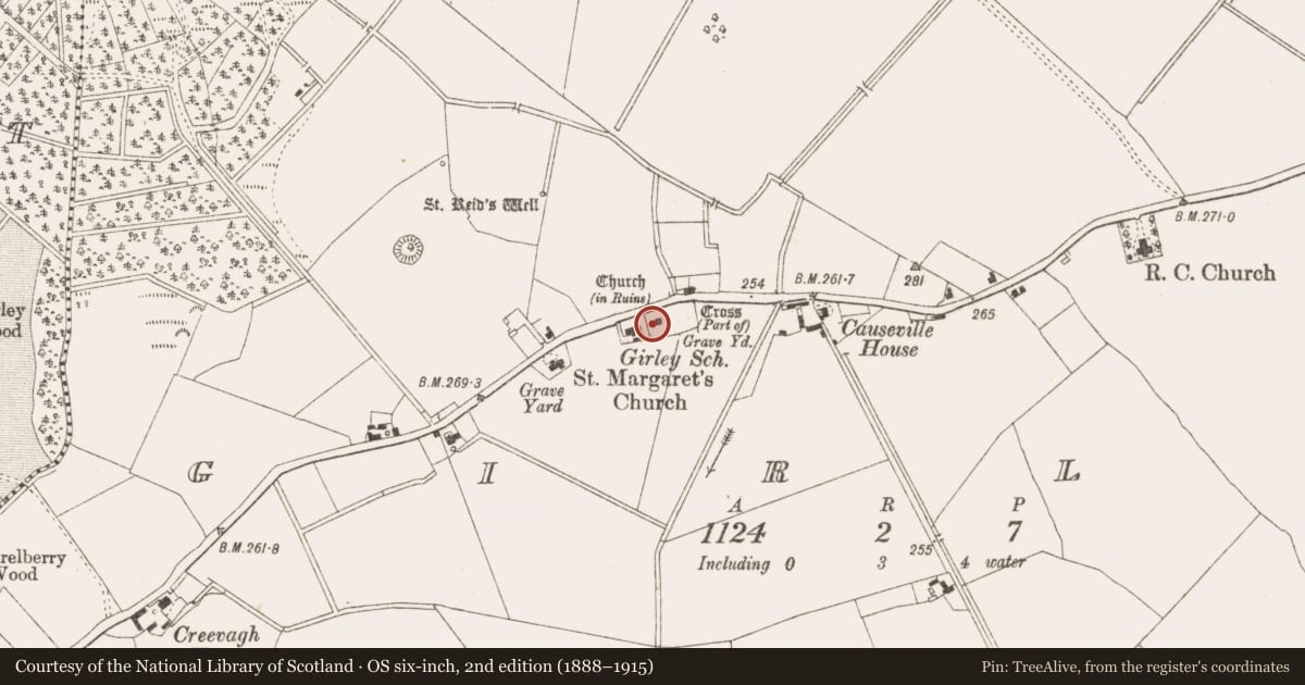 Ordnance Survey six-inch map, 2nd edition (1888–1915) covering the location of Church, Girley, County Meath, with a pin at the register's coordinates
