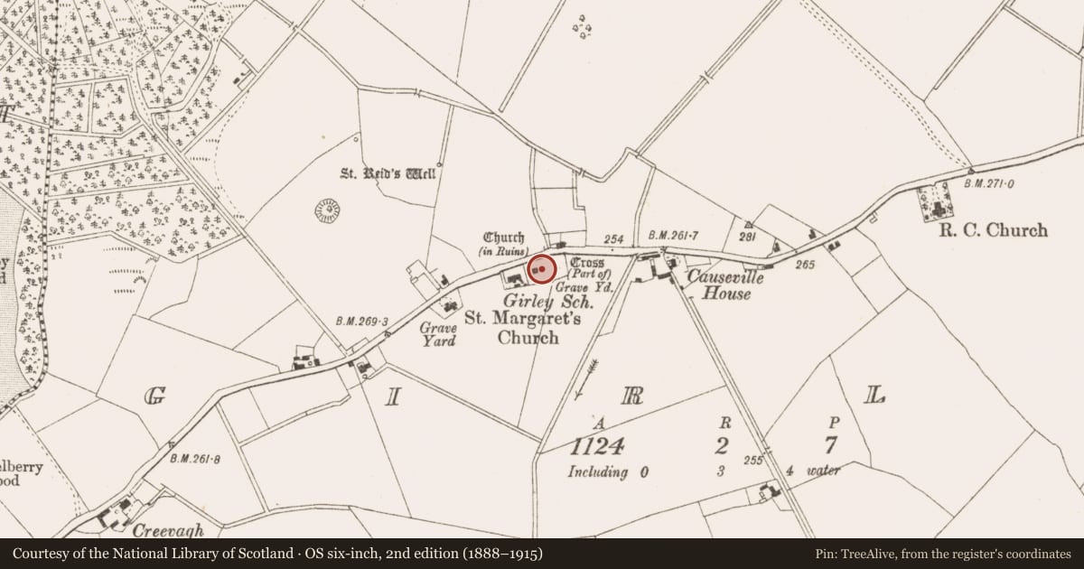 Ordnance Survey six-inch map, 2nd edition (1888–1915) covering the location of Architectural fragment, Girley, County Meath, with a pin at the register's coordinates