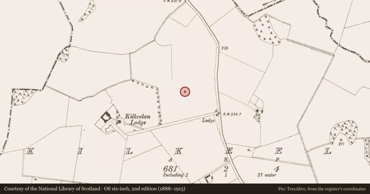 Ordnance Survey six-inch map, 2nd edition (1888–1915) covering the location of Burnt mound, Kilkeelan, County Meath, with a pin at the register's coordinates