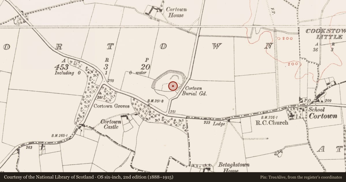 Ordnance Survey six-inch map, 2nd edition (1888–1915) covering the location of Church, Cortown, County Meath, with a pin at the register's coordinates