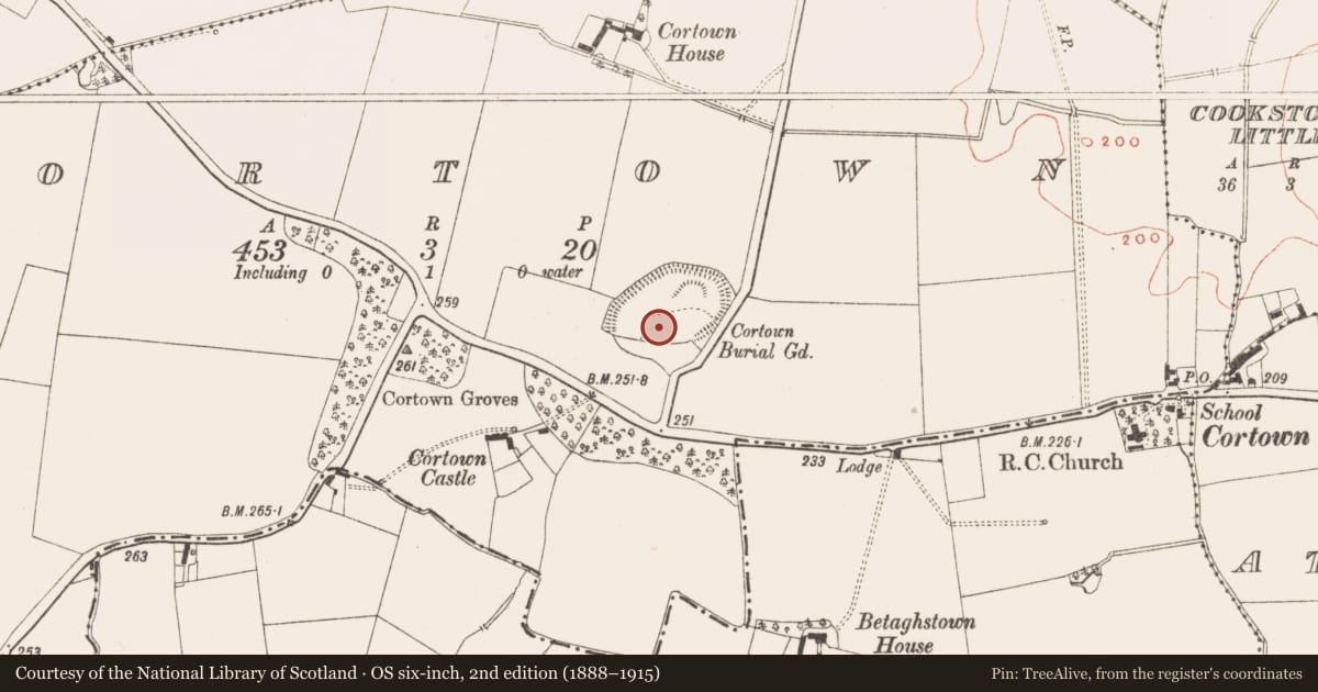 Ordnance Survey six-inch map, 2nd edition (1888–1915) covering the location of Graveyard, Cortown, County Meath, with a pin at the register's coordinates