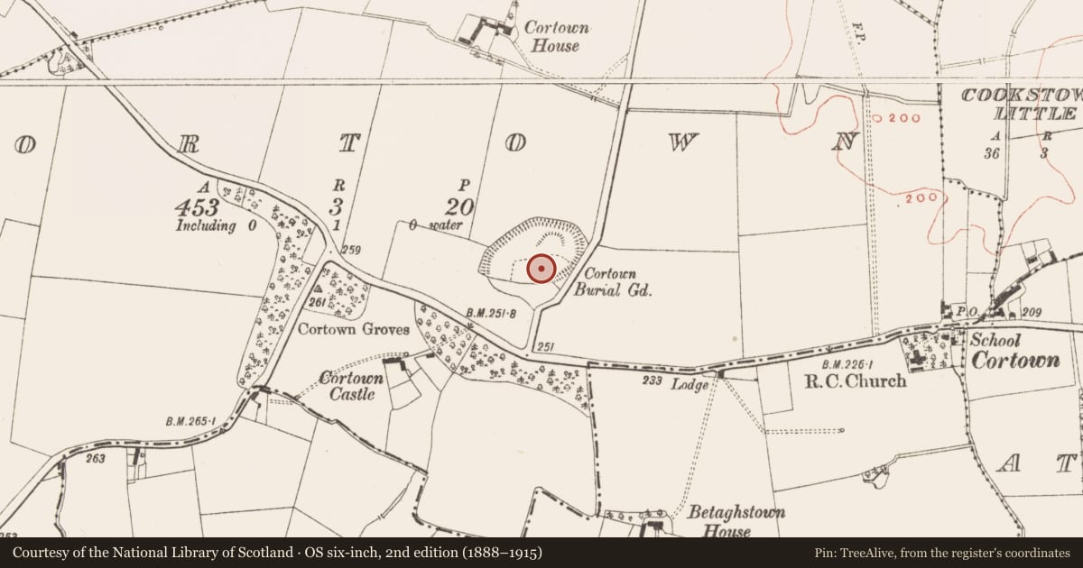 Ordnance Survey six-inch map, 2nd edition (1888–1915) covering the location of Font, Cortown, County Meath, with a pin at the register's coordinates