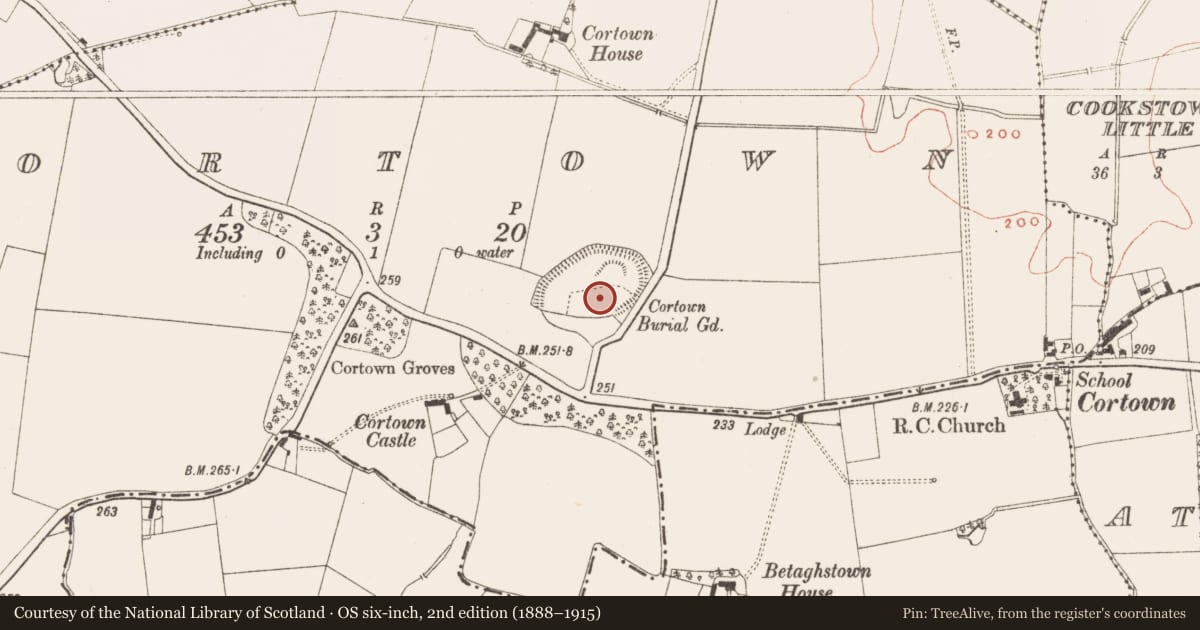 Ordnance Survey six-inch map, 2nd edition (1888–1915) covering the location of Font, Cortown, County Meath, with a pin at the register's coordinates