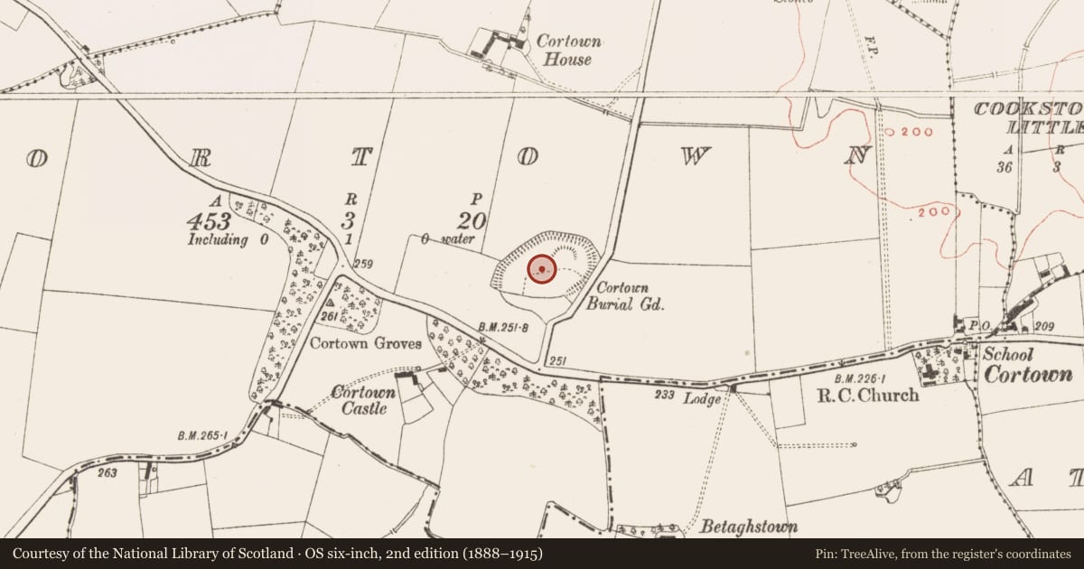 Ordnance Survey six-inch map, 2nd edition (1888–1915) covering the location of Ecclesiastical enclosure, Cortown, County Meath, with a pin at the register's coordinates