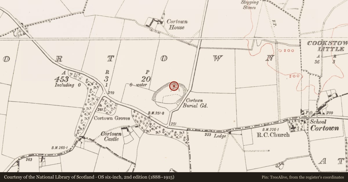 Ordnance Survey six-inch map, 2nd edition (1888–1915) covering the location of Mound, Cortown, County Meath, with a pin at the register's coordinates