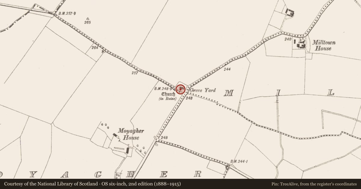 Ordnance Survey six-inch map, 2nd edition (1888–1915) covering the location of Church, Moyagher Lower, County Meath, with a pin at the register's coordinates