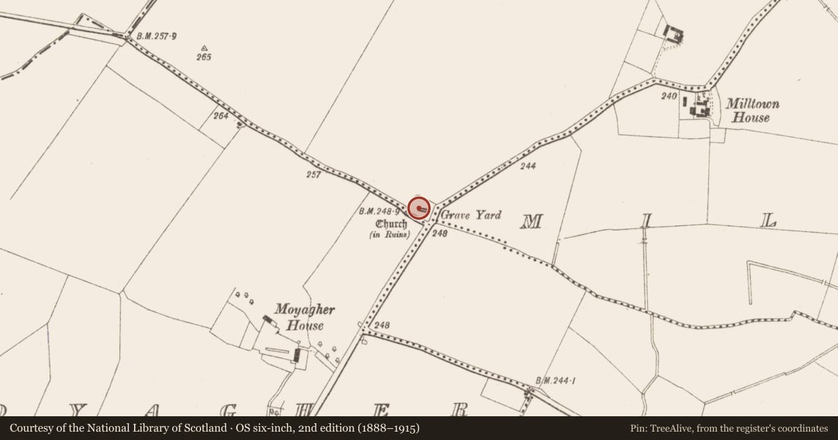Ordnance Survey six-inch map, 2nd edition (1888–1915) covering the location of Graveyard, Moyagher Lower, County Meath, with a pin at the register's coordinates