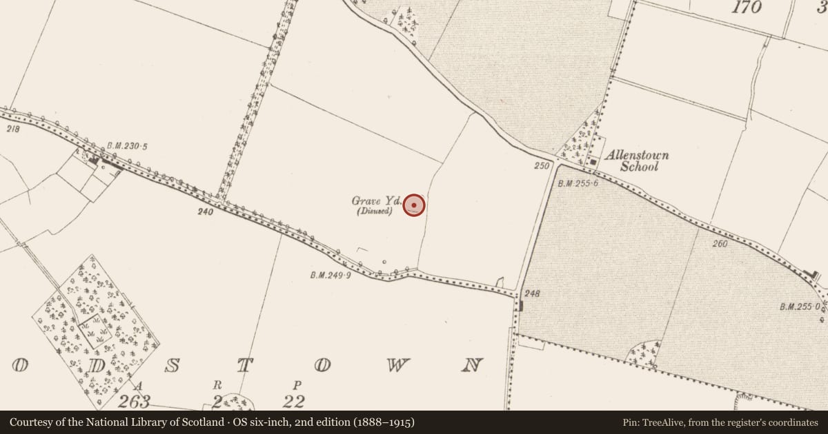 Ordnance Survey six-inch map, 2nd edition (1888–1915) covering the location of Church, Allenstown Demesne, County Meath, with a pin at the register's coordinates