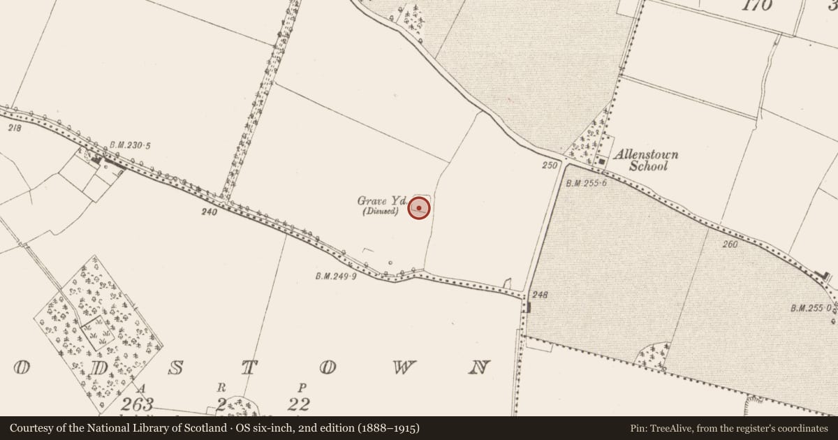 Ordnance Survey six-inch map, 2nd edition (1888–1915) covering the location of Graveyard, Allenstown Demesne, County Meath, with a pin at the register's coordinates