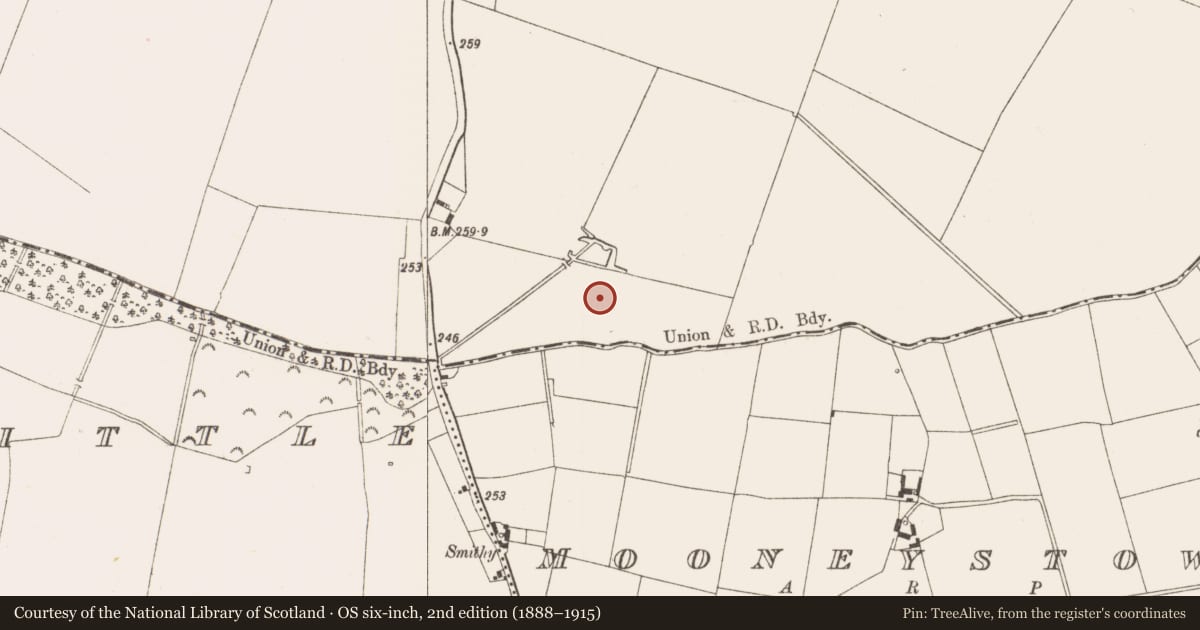Ordnance Survey six-inch map, 2nd edition (1888–1915) covering the location of Barrow - stepped barrow, Newtown Girley, County Meath, with a pin at the register's coordinates