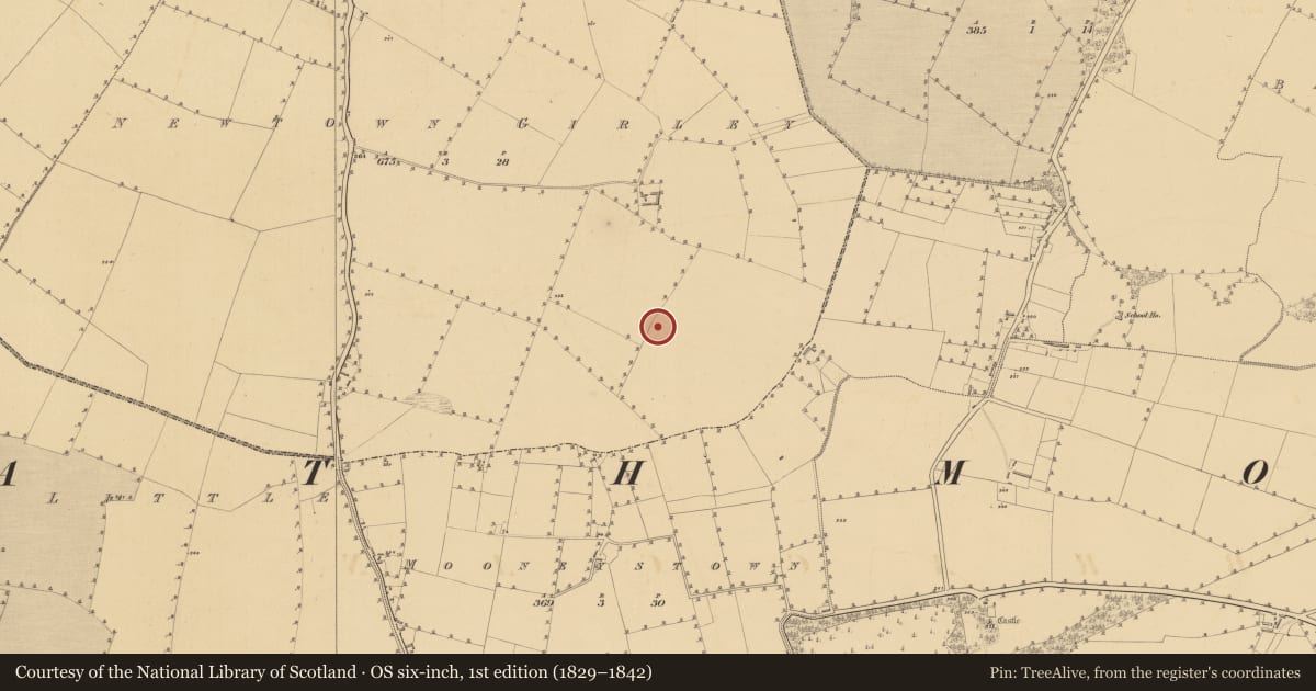 Ordnance Survey six-inch map, 1st edition (1829–1842) covering the location of Earthwork, Newtown Girley, County Meath, with a pin at the register's coordinates