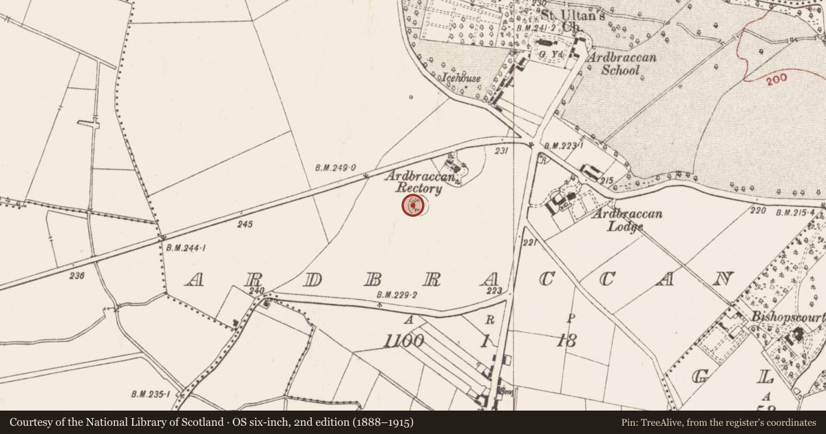 Ordnance Survey six-inch map, 2nd edition (1888–1915) covering the location of Barrow - mound barrow, Ardbraccan, County Meath, with a pin at the register's coordinates