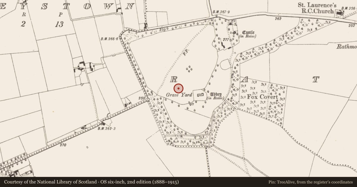 Ordnance Survey six-inch map, 2nd edition (1888–1915) covering the location of Field system, Rathmore, County Meath, with a pin at the register's coordinates