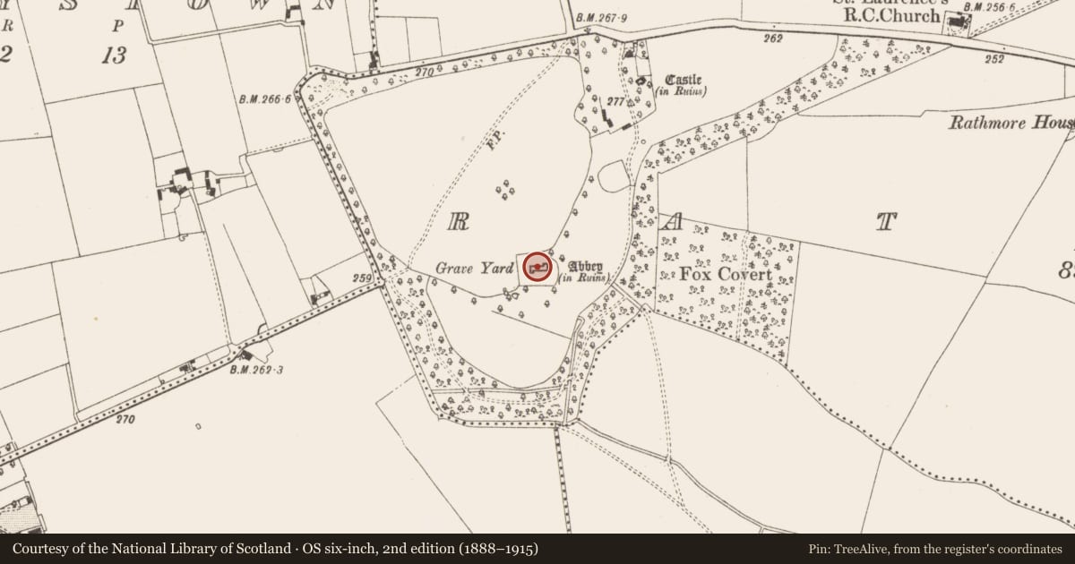 Ordnance Survey six-inch map, 2nd edition (1888–1915) covering the location of Tomb - effigial, Rathmore, County Meath, with a pin at the register's coordinates