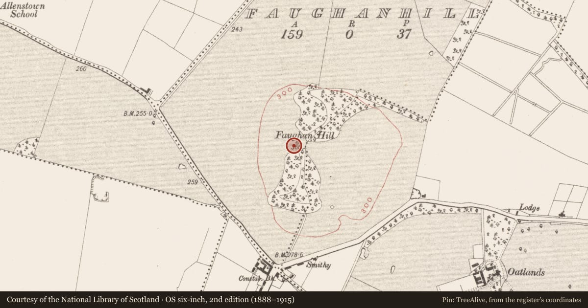 Ordnance Survey six-inch map, 2nd edition (1888–1915) covering the location of Enclosure, Faughanhill, County Meath, with a pin at the register's coordinates