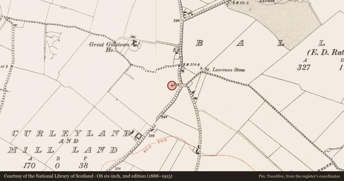 Ordnance Survey six-inch map, 2nd edition (1888–1915) covering the location of Flat cemetery, Curleyland And Mill Land, County Meath, with a pin at the register's coordinates