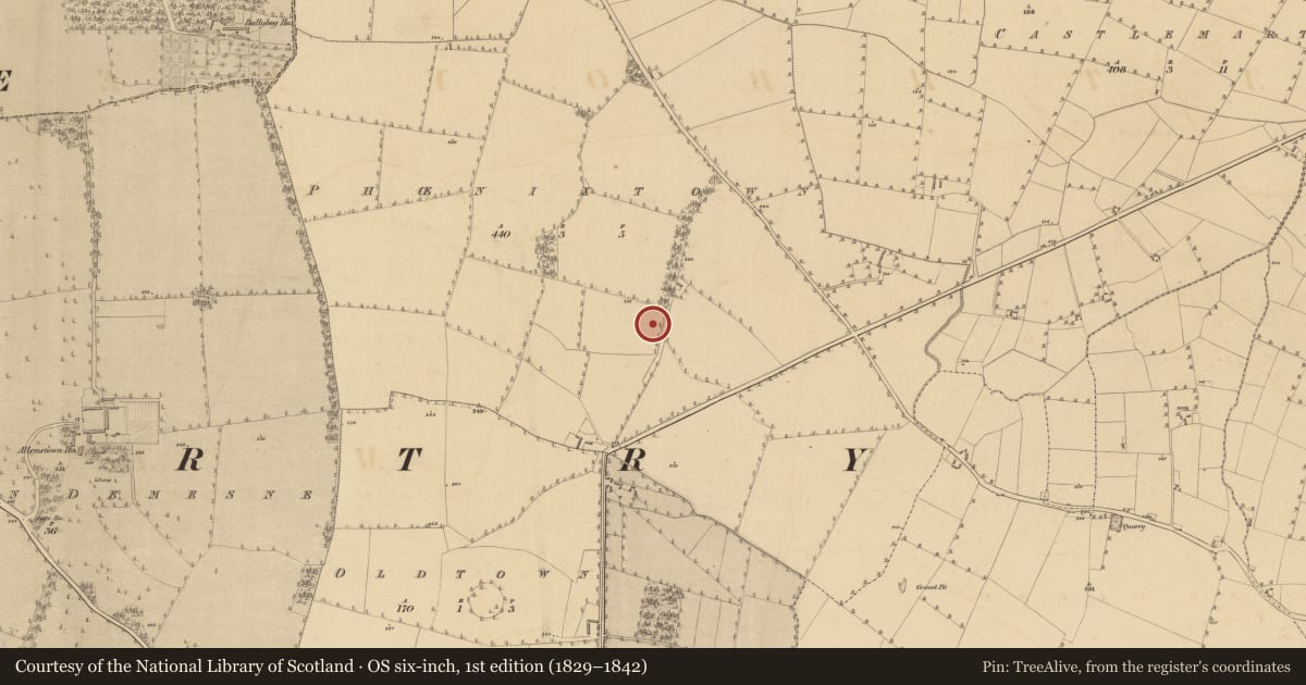 Ordnance Survey six-inch map, 1st edition (1829–1842) covering the location of Fulacht fia, Phoenixtown, County Meath, with a pin at the register's coordinates