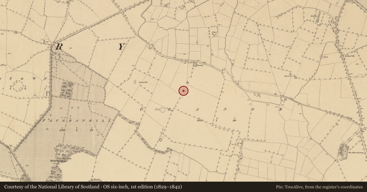 Ordnance Survey six-inch map, 1st edition (1829–1842) covering the location of Metalworking site, Grange, County Meath, with a pin at the register's coordinates