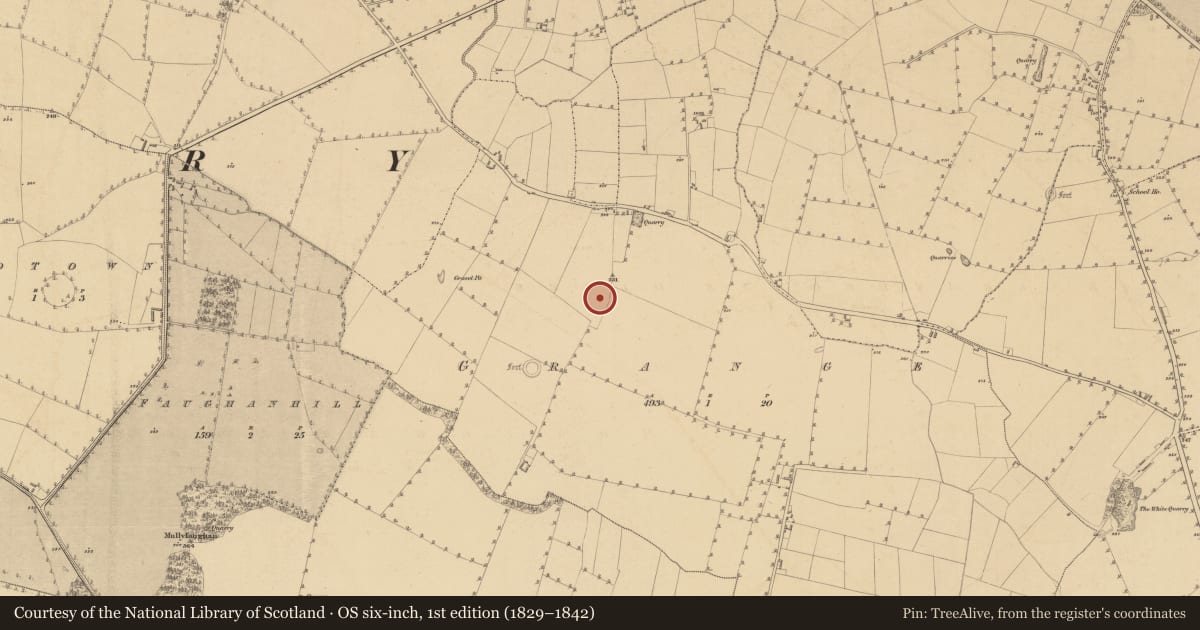 Ordnance Survey six-inch map, 1st edition (1829–1842) covering the location of Burial ground, Grange, County Meath, with a pin at the register's coordinates