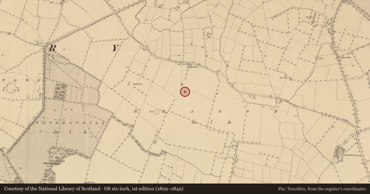 Ordnance Survey six-inch map, 1st edition (1829–1842) covering the location of Enclosure, Grange, County Meath, with a pin at the register's coordinates