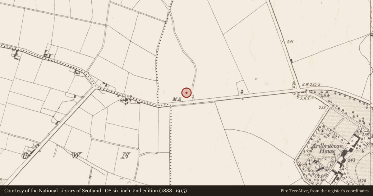 Ordnance Survey six-inch map, 2nd edition (1888–1915) covering the location of Fulacht fia, Ardbraccan, County Meath, with a pin at the register's coordinates