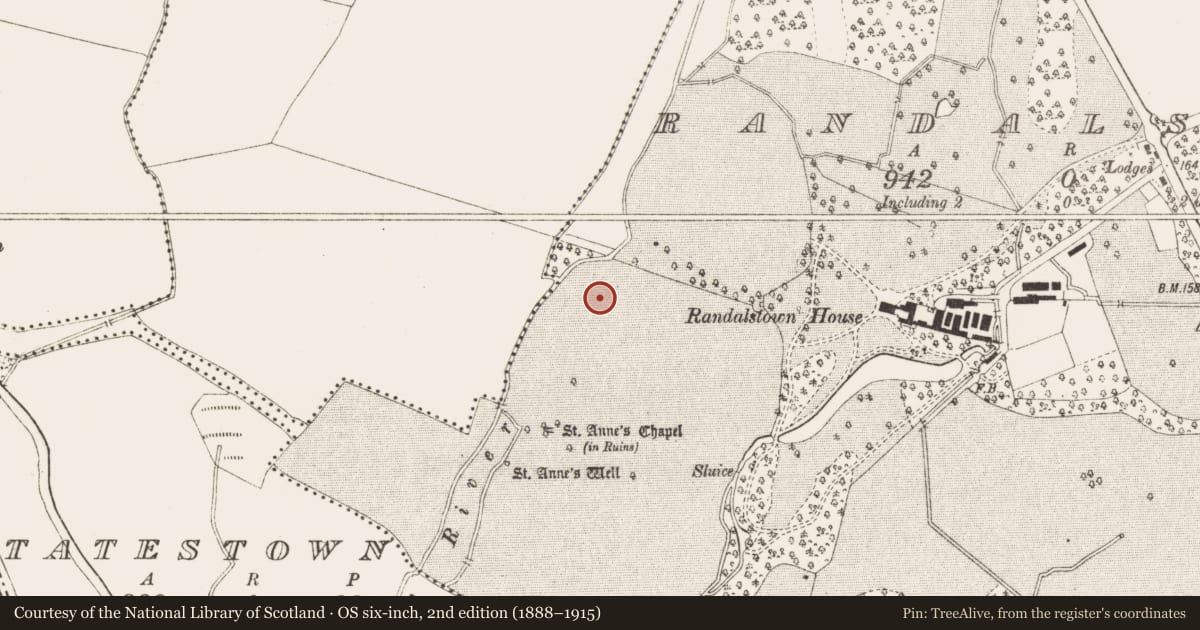 Ordnance Survey six-inch map, 2nd edition (1888–1915) covering the location of Souterrain, Randalstown, County Meath, with a pin at the register's coordinates