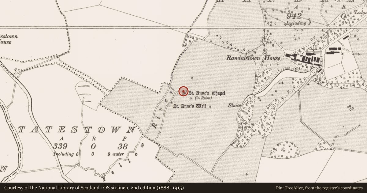 Ordnance Survey six-inch map, 2nd edition (1888–1915) covering the location of Church, Randalstown, County Meath, with a pin at the register's coordinates