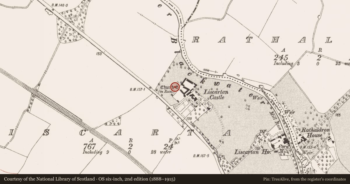 Ordnance Survey six-inch map, 2nd edition (1888–1915) covering the location of Church, Liscartan, County Meath, with a pin at the register's coordinates